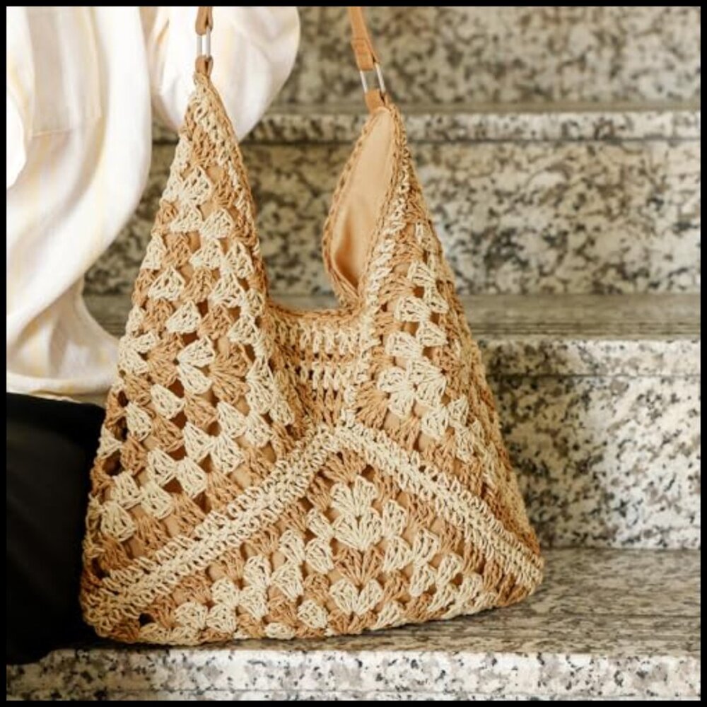 Natural Straw Tote Bag Handwoven Bohemian Casual Shoulder Bag Travel Essential - Picture 7 of 7